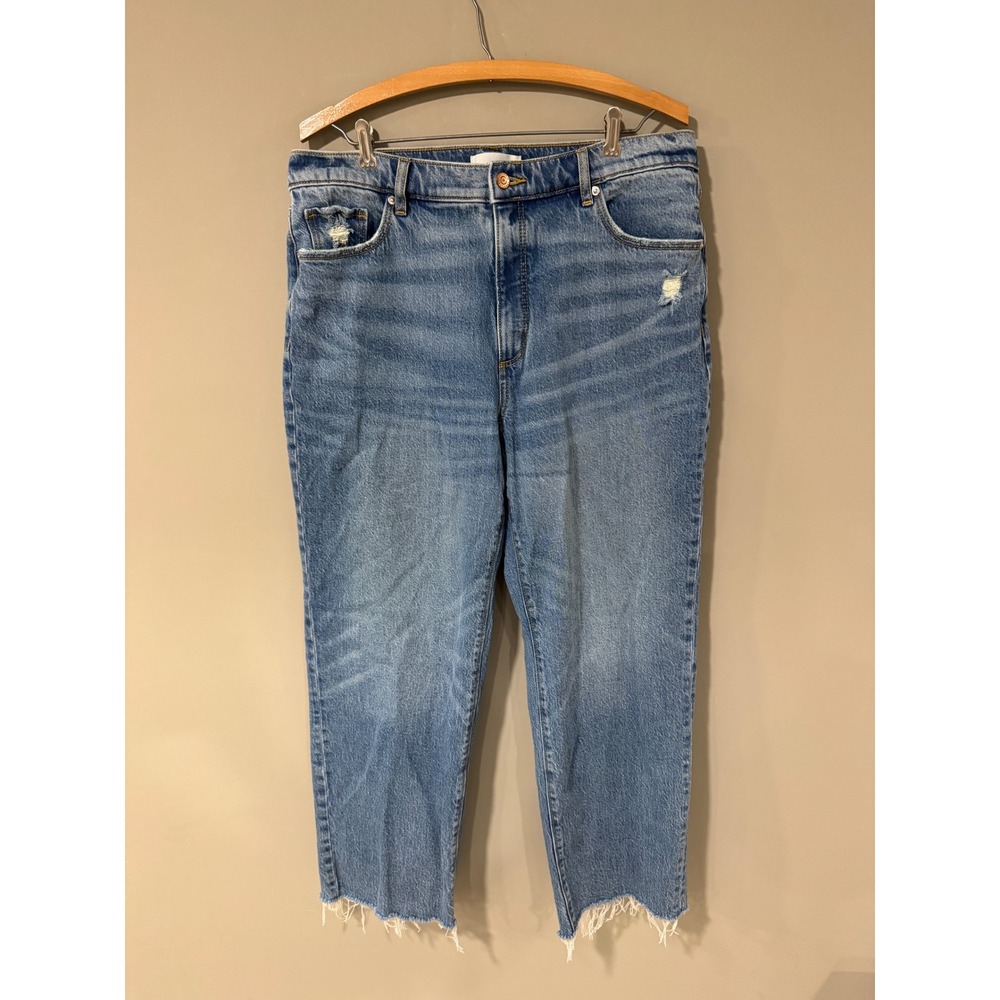 LOFT The Straight Jeans Medium Wash Distressed Frayed Hem Women's Size 14